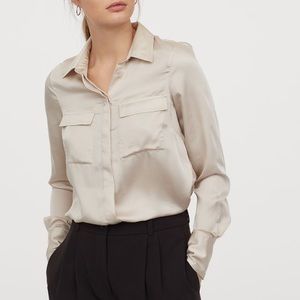 h&m satin light beige button down blouse